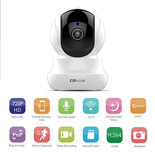 CE-Link Überwachungskamera IP Kamera, 720P HD Wireless WiFi Kamera IP Cam mit App/Anleitung/Support,Tag/IR LEDs Nachtsicht,WLAN,Webcam,Videokamera,Bewegungserkennung Email Alarm Kompatibel mit iOS/Android/Windows Weiß